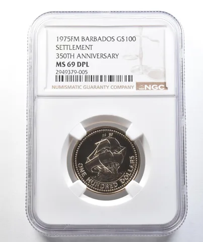1975 FM Barbados $100 Gold Settlement 350th Anniversary MS69 DPL NGC *0700