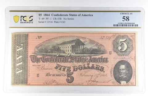 1864 $5 Confederate States Of America T-69 PF-1 CR-558 Choice AU58 PCGS *8143