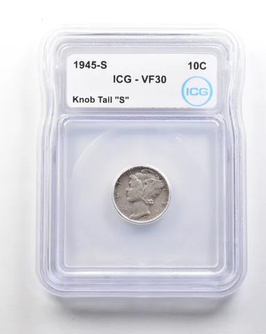 1945-S Mercury Dime Mint Error Knob Tail "S" VF30 ICG *1712
