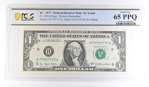 1977 $1 St Louis MO FRN Fr#1909-H Gem Unc 65 PPQ PCGS Near Solid 7 Serial a6131