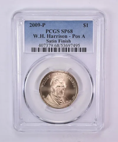 2009-P Presidential $1 W H Harrison Satin Finish SP68 PCGS Blue Label