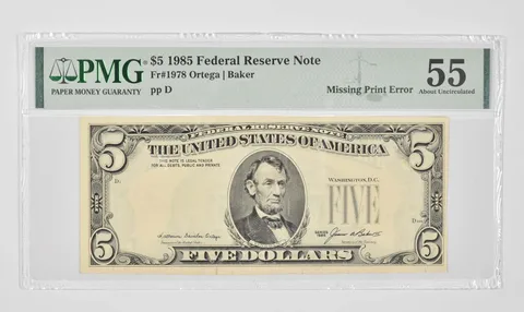 $5 1985 FRN - PMG - 55 About UNC Fr# 1978 - Missing Print Error a0906