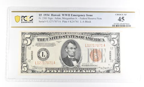 1934 $5 Hawaii FRN WWII Fr#2301 Choice XF 45 PCGS *2504