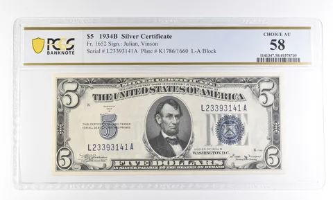 1934 B $5 Silver Certificate Fr#1652 Choice AU 58 PCGS *2769