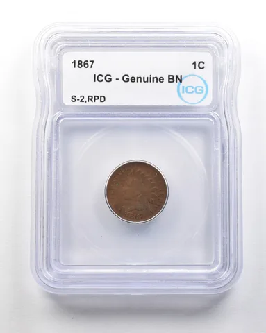 1867 Indian Head Cent Mint Error S-2 RPD Genuine BN ICG 1867/67 *1695