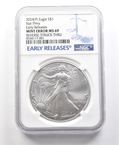 2024 (P) American Silver Eagle Star Privy Error Rev Struck Thru MS69 NGC a5669