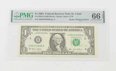 Gem UNC 66 EPQ 2003 $1 FRN St. Louis - FR#1929-H PMG Radar Serial *6595