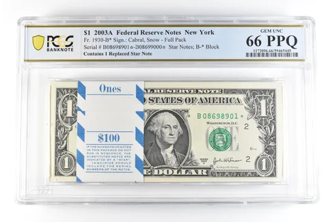 (100) 2003 A $1 New York NY FRN Fr#1930-B* Pack Star Notes Unc 66 PPQ PCGS *0200