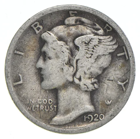 VG+ 1920-D Mercury 90% Silver Dime