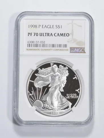 1998-P American Silver Eagle 1 Oz PF70 UCAM NGC Brown Label