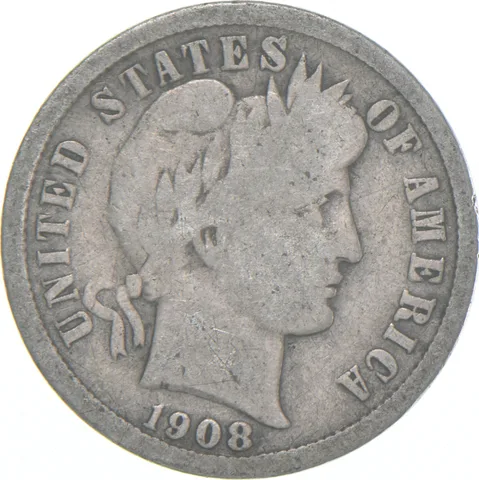 1908-P Barber Dime 90% Silver Average Circ