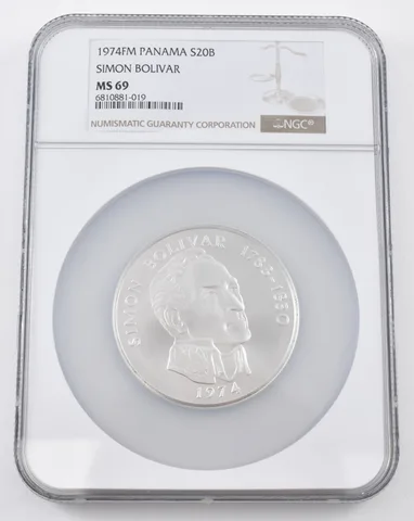 1974 FM Panama 20 Balboas Simon Bolivar Silver MS69 NGC Brown Lbl