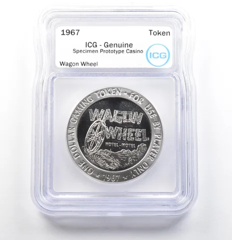 1967 Casino Token Wagon Wheel Dollar Specimen Prototype Genuine ICG a0557