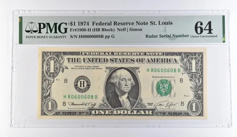1974 $1 St Louis MO FRN Radar S/N Fr#1908-H Choice Unc 64 PMG *9497