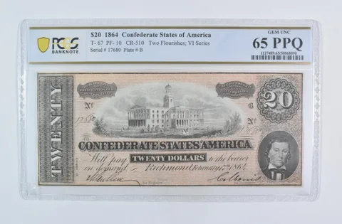 1864 $20 Confederate States T-67 PF-10 CR-510 Gem Unc 65 PPQ PCGS a5870