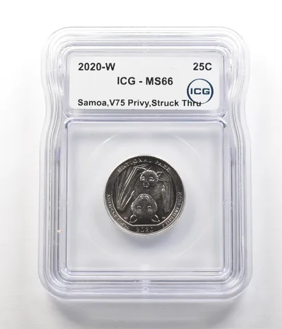 2020-W ATB Quarter American Samoa V75 Mint Error Struck Thru MS66 ICG a6835