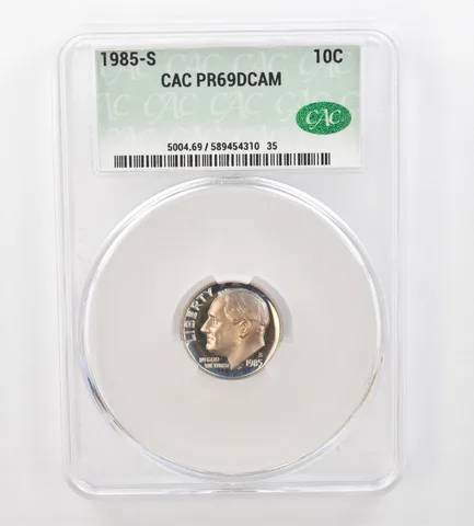 1985-S Roosevelt Dime PR69 DCAM CAC CACg Beautiful Tone *0901
