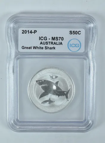 2014 P Australia 50 Cents Silver Great White Shark 1/2 Oz Silver MS70 ICG