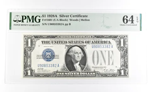PMG 64 Choice Unc EPQ 1928 A $1 Silver Certificate Blue Seal Fr#1601 *1123