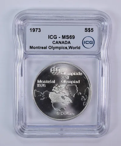 1973 Canada 5 Dollars Silver Montreal Olympics World Map MS69 ICG