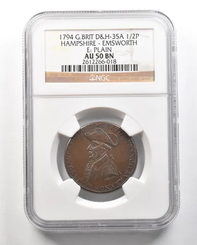 1794 G. Britain D&H-35A 1/2 Penny Hampshire-Emsworth E: Plain AU50 BN NGC a4737