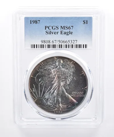 1987 American Silver Eagle MS67 PCGS Dark Iridescent Tone *8471