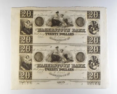 Lot (2) 1800s $20 Hagerstown MD Bank Obsolete Note Uncut *8704