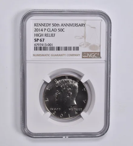 2014-P Kennedy Half Dollar CLAD 50th Anniversary SP67 High Relief NGC Brown Lbl