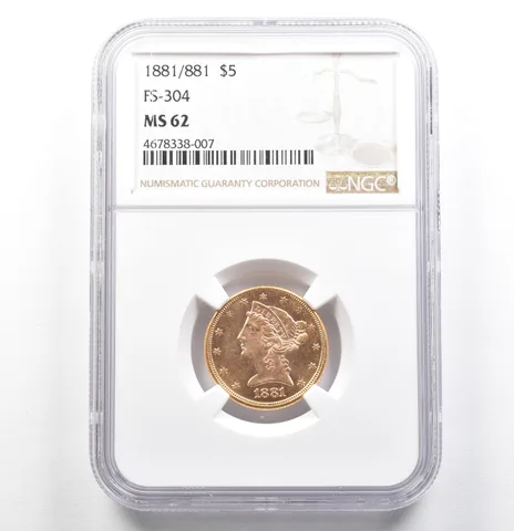 1881/1881 $5 Liberty Head Gold Half Eagle FS-304 MS62 NGC *0615