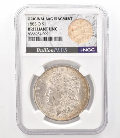1885-O Morgan Silver $1 Original Bag Fragment BU NGC Nice Tone Reverse *3180