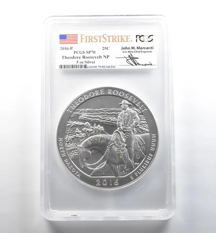 2016-P 5 Oz Silver ATB Quarter Theodore Roosevelt Mercanti FS SP70 PCGS *3557