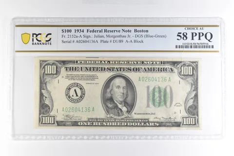 1934 $100 Boston MA FRN Fr#2152a Blue-Green Seal Choice AU 58 PPQ PCGS *4939