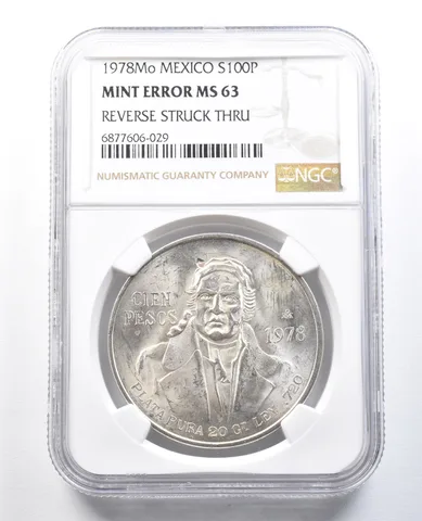 1978 Mo Mexico 100 Pesos Silver Mint Error Reverse Struck Thru MS63 NGC *8214