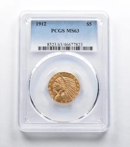 MS63 1912 $5 Indian Head Gold Half Eagle PCGS a2375