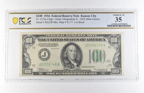1934 $100 Kansas City MO Fr#2152a-J DGS FRN (Blue-Green) Choice VF 35 PCGS *7887