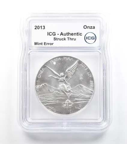 2013 Mo Mexico 1 Onza Silver Libertad Mint Error Struck Thru Authentic ICG *5058