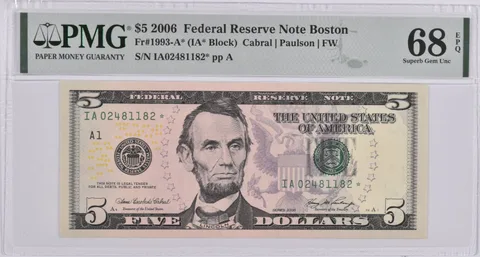 $5 2006 US FRN STAR Fr#1993-A* PMG Superb Gem Unc 68 EPQ