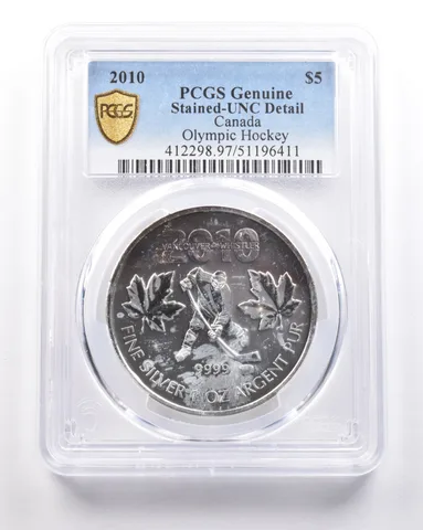 2010 Canada $5 Silver Vancouver Olympics Hockey Genuine Stained PCGS *5369