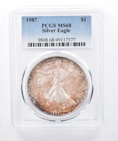 1987 American Silver Eagle MS68 PCGS Sunset Tone *8395