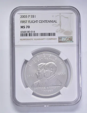 2003-P First Flight Commemorative Silver Dollar $1 MS70 NGC Brown Lbl