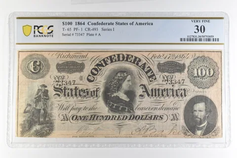 1864 $100 Confederate States Of America T-65 PF-1 CR-493 Very Fine 30 PCGS a4384