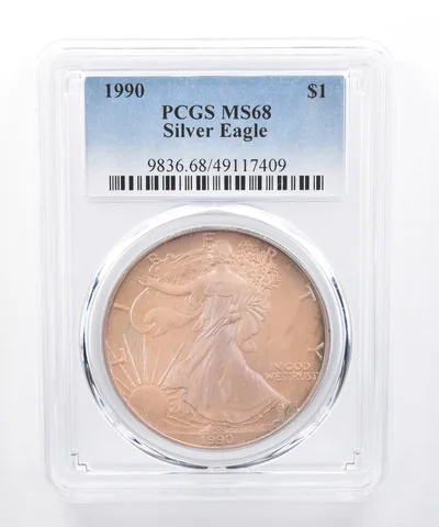 1990 American Silver Eagle MS68 PCGS Iridescent Tone *8404