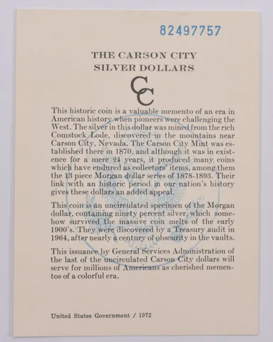 COA 1882 GSA Certificate Original Card for CC Morgan Silver Dollar (1card)