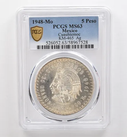 1948 Mo Mexico 5 Pesos Silver Cuauhtemoc KM-465 MS63 PCGS Nice Tone Rev *9281