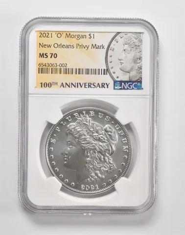 2021-O Morgan Silver Dollar $1 MS70 NGC 100th Anniversary Lbl
