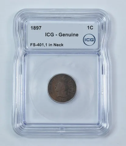 Error 1897 Indian Head Cent FS-401 1 In Neck Genuine ICG *9246