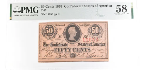 1863 50 Cents Confederate States Of America T-63 Choice About Unc 58 PMG *7630