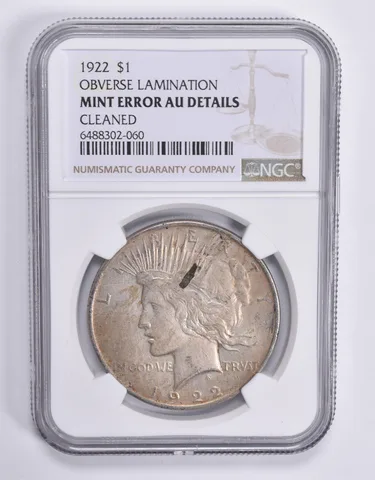 MINT ERROR AU Details 1922 Peace Silver Dollar OBV Lamination Cleaned NGC *1827