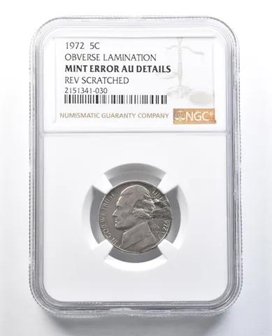 1972 Jefferson Nickel Mint Error Obv Lamination AU Detail NGC *8243