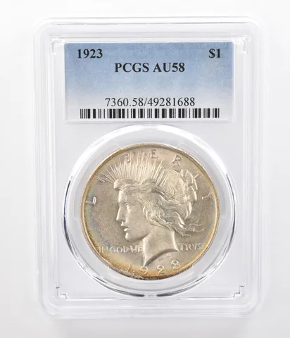 1923 Peace Silver Dollar AU58 PCGS RAINBOW Tone *0487
